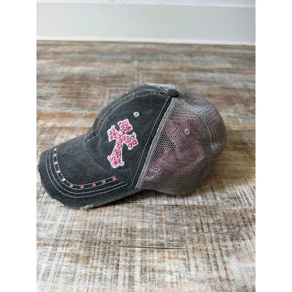 Katydid Gray Distressed Y2K Pink Rhinestone Embellished Cross Baseball Cap